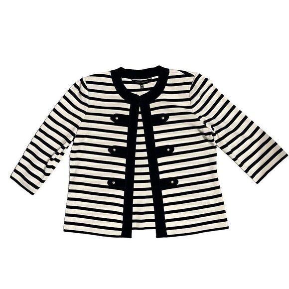 Ming Wang Women's PM Navy Blue White Striped Knit Cardigan Petite Nautical Sail - Picture 12 of 13